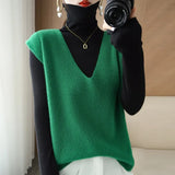 Fongt Blend 2024 Autumn Winter New Ladies Loose V-Neck Short Solid Color Set Knit Vest Vest Vest-Outfit