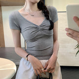 Design Temperament Small Fragrant Wind Cross Twist Pleated V-Neck Shoulder Short-Sleeved T-Shirt Women's Summer 2024 New