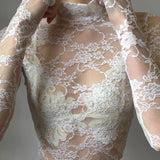 Spring And Summer New Spice Girls Perspective Lace High-Necked Long-Sleeved T-Shirt Thin Tight Short Blouse-Outfit