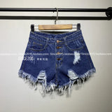 Summer New High Waist Hole Breasted Denim Shorts Female Show Thin Korean Version Of Wide Leg Pants Edge A Word Sexy Hot Pants-Outfit