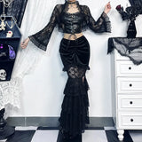 Spring 2024 New Dark Wrinkled Fishtail Multi-Layer Spliced Forked Skirt Women's Dress-Outfit