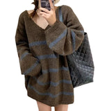 Breeze Loose V-Collar Head Striped Sweater Autumn And Winter Retro Temperament Medium-Long Style Sweater Sweater-Outfit