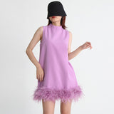 Fongt Sense Ostrich Hair Splicing Lady A-Line Dress 2024 Summer New Sleeveless Solid Color Dress-Outfit