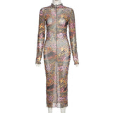 Farbic Leopard Pattern Print Maxi Dresses For Women Sexy See Through Ruffle Skinny Attractive Clubwear Party
