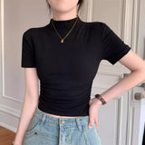 Fongt Collar Short-Sleeved T-Shirt Women's Summer 2024 New Bottom Shirt With Slim Short Student Pleated