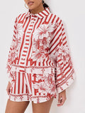 Fongt Women's Home Shorts Print Cardigan Nine-Sleeve Loose Bat Sleeve Shirt 3041