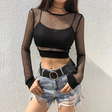 Fongt Summer Women's Solid Color Sexy Hollow Grid Bottom T-Shirt Top Women's Hair-Outfit