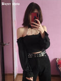 Dark Punk With Chain Off Shoulder T-shirts Gothic Sexy Backless Grunge Black Halter Crop Tops Long Sleeve Women Autumn