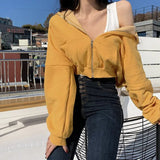 Solid Color Casual Zip Up Cropped Hoodie-Outfit