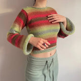 Vintage Rainbow Striped Knitted Sweaters Autumn Winter Crimping Long Sleeve Cropped Pullovers Jumpers Streetwear Chic