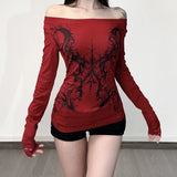 Fongt Personality Hottie Style Shoulder Dark Print T-Shirt Lace Side Long Sleeves To Dress Casual Blouse