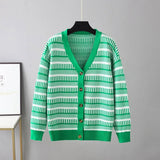 Women's Knitting Print Sweater Color Heart Single-Breasted Button Loose Casual Knitted Cardigan Sweaters Autumn V-neck
