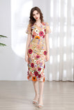 Fongt Banquet Famous Wind V-Neck Short-Sleeved Body-Brace Three-Dimensional Flower Lace Dress 2025 New
