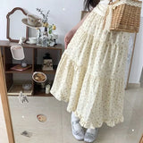 Fresh Floral Fungus A-line Skirt for Women High Waist Ruched Cake Skirts 2024 Summer New Mid-length Lloose Faldas Mujer-Outfit