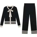 Bow Tie Knitted Two Piece Set Women 2023 Fall Korean Long Sleeve Cardigan Tops Outfits And Capris Wide Leg Pants