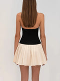Black N White Contrast Strapless Pleated Mini Dress-Outfit
