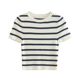New Short Style Slim Short-Sleeved Striped Knitted Blouse In Autumn-Outfit