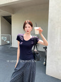 Fongt Xixi 13 Lines 2025 Autumn White Standard Temperament Collar Bottom Knitted Short-Sleeved T-Shirt 89545