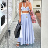 Blue Stripe Lace Trim Crop Top And Long Skirt Set-Outfit