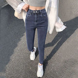 Fongt New Fall 2024 Model Wears High-Waist Elastic Tights, Pencil Pants, Blue And Gray Jeans, Children's Clothes-Outfit