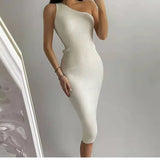 Slanting Shoulder Solid Color Knitted Dress Ins Xia Xian Slim Body Including Hip Middle Skirt Sleeveless Summer-Outfit