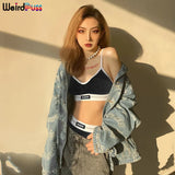 Puss Ribbed Letter Print Cotton 2 Piece Set Beach Style Bra Padded Top+Thong Matching High Quality Casual Vacation