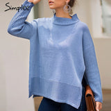 Casual half turtleneck knitted pullover Loose side split