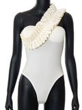 Sexy Ruffles Slant Shoulder Cut Out Bodysuits Women Sleeveless Solid White One Piece Rompers 2022 Summer Beach Holiday