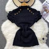 Ruffles Short Sleeve Buttons Sweater Jumpers Girls Stretchy Chic Sweaters Pullovers Tops Women Knitted Tee Shirts-Outfit