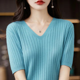 Fongt The Summer Of 2023, Women's Knit Short Sleeve Korean V-Neck Solid Color T-Shirt And A Pit Top-Outfit