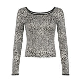 Fongt Spice Wind Leopard Print Color Long-Sleeved T-Shirt Round Collar Slim Thin Base Versatile Top Tide-Outfit