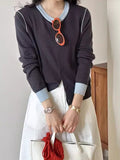 Fongt Round-Neck Knitted Cardigan Women Autumn Small Senior Design Sense Color Long-Sleeved Sweater Coat Top