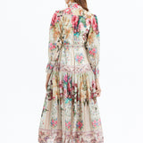 Fongt Court-Styled Dress Women's Lantern Sleeves With Belt Strap Single Buckle Design Temperament Long Dress
