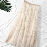 Elegant Korean Women Tulle Skirt Fashion Sequin Star Summer Mesh Ladies Long Skirt Elastic High Waist Party White