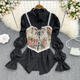 Tingfeng Exquisite Jacquard Strap Irregular Sling Vest Wearing Medium-Long Horn Sleeve White Shirt In Spring-Outfit