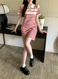 Fongt New Temperament Striped Polo Collar Knitted Dress Female Gentle Wind Casual Straight Bottom