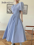 Elegant Solid Loose Long Dress For Women Round Neck Short Puff Sleeve Patchwork Folds Midi Dresses Female