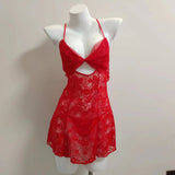 Fongt Pajamas Woman 2025 New Seduction Red Lace Hollow Big Bow Bow Small Breast Slings Sleeping Skirt