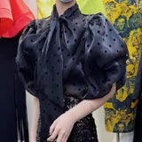 Bow Shirts & Blouses Contrast Dot Print Blusas 2024 New Puff Sleeve Camisas Korean Ropa Mujer Spring Summer Tops-Outfit
