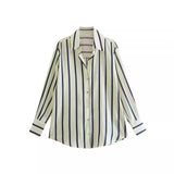 Fongt New Fashion Temperament Lapel Multi-Color Stripe Silk Satin Texture Long Sleeve Loose Shirt Female-Outfit