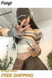 Y2K Vintage Striped Knitted Cropped Sweater Women Harajuku Hollow Out Patchwork Pullover Korean Fashion Casual