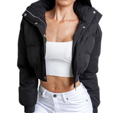 Women Short Puffer Jackets Fall Winter Coats Crop Tops Adults Solid Color Long Sleeve Stand Collar Outerwear with