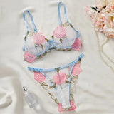 Blue Sheer Rose Embroidered Lingerie Set-Outfit