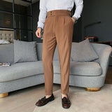 New Design Men High Waist Trousers Solid England Business Casual Suit Pants Belt Straight Slim Fit Bottoms White