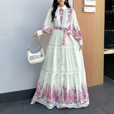 Fongt And Autumn New Women's Collar Bubble Sleeve Lantern Long-Sleeved Lantern With Belt Positioning Print Single Buckle Dress
