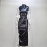 Fongt Women's Summer 2023 Fashion Standing Collar Sleeveless Long Drawstring PU Leather Dress-Outfit
