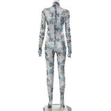Turtleneck Jumpsuit With Floral Pattern Gloves See Through Bodycon Sheer Tight One Piece Catsuit Outfits