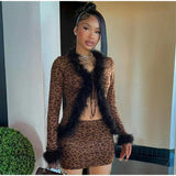 Tie Up Feather Leopard Print Tie Up Top And Mini Skirt Set-Outfit