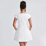 Square Neck Short Sleeve Fitted Mini Dress-Outfit