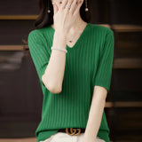 Fongt The Summer Of 2023, Women's Knit Short Sleeve Korean V-Neck Solid Color T-Shirt And A Pit Top-Outfit